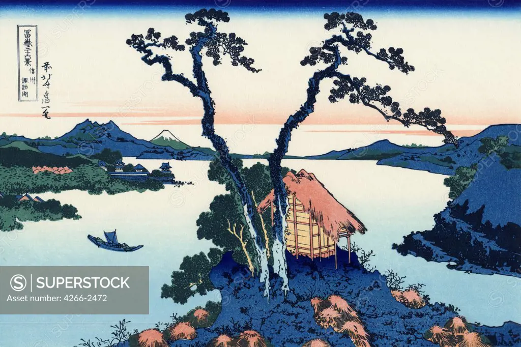 Landscape with mount Fuji by Katsushika Hokusai, color woodcut, 1830-1833, 1760-1849, Russia, Moscow, State A. Pushkin Museum of Fine Arts, 25x37