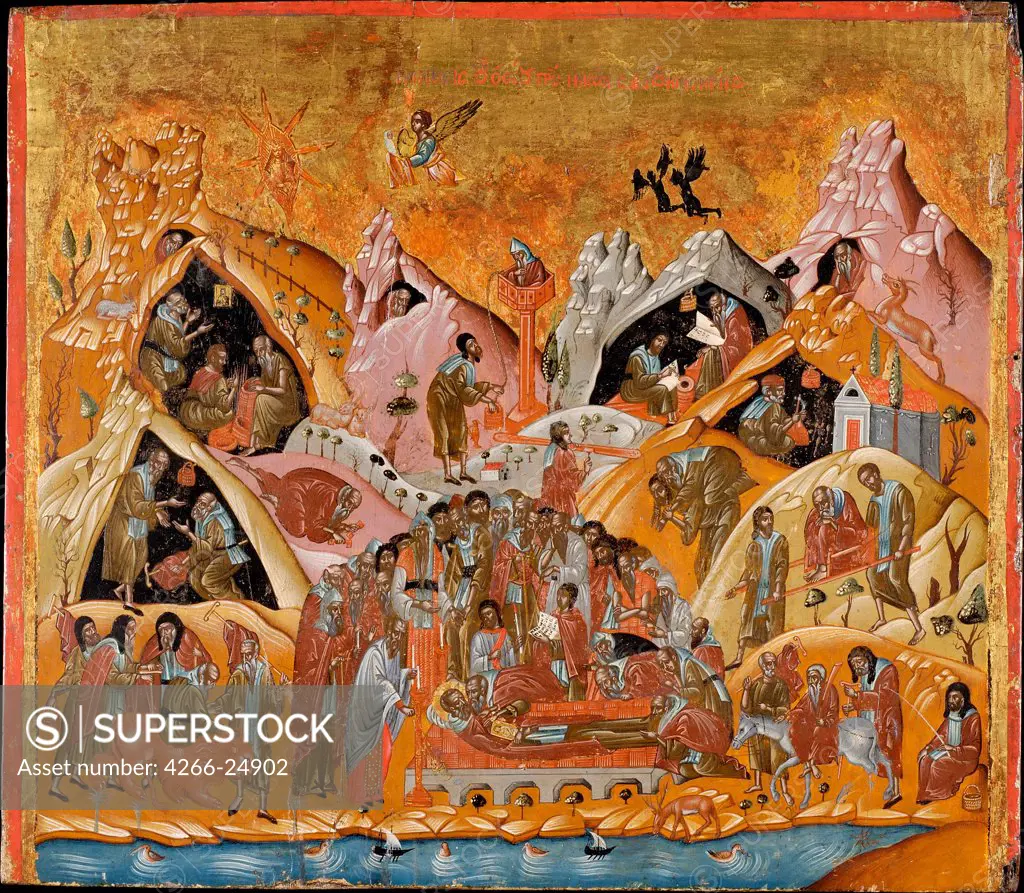 The Dormition of Saint Sabbas the Sanctified by Byzantine icon   Benaki Museum, Athens End of 16th cen. Tempera on panel 38,3x43,9 Greece Icon Painting Bible Painting