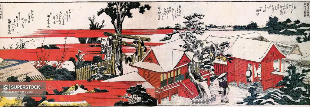 Village view by Katsushika Hokusai, color woodcut, 1760-1849, 19th century, Private Collection