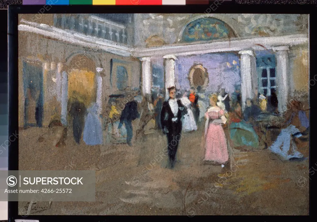 Ball in the Larin's house. Illustration for the novel in verse Eugene Onegin by A. Pushkin by Stepanov, Alexei Stepanovich (1858-1923) A. Pushkin Memorial Museum, St. Petersburg 1910-1912 Gouache and Pastel on paper 35x50,5 Russia Russian Painting,