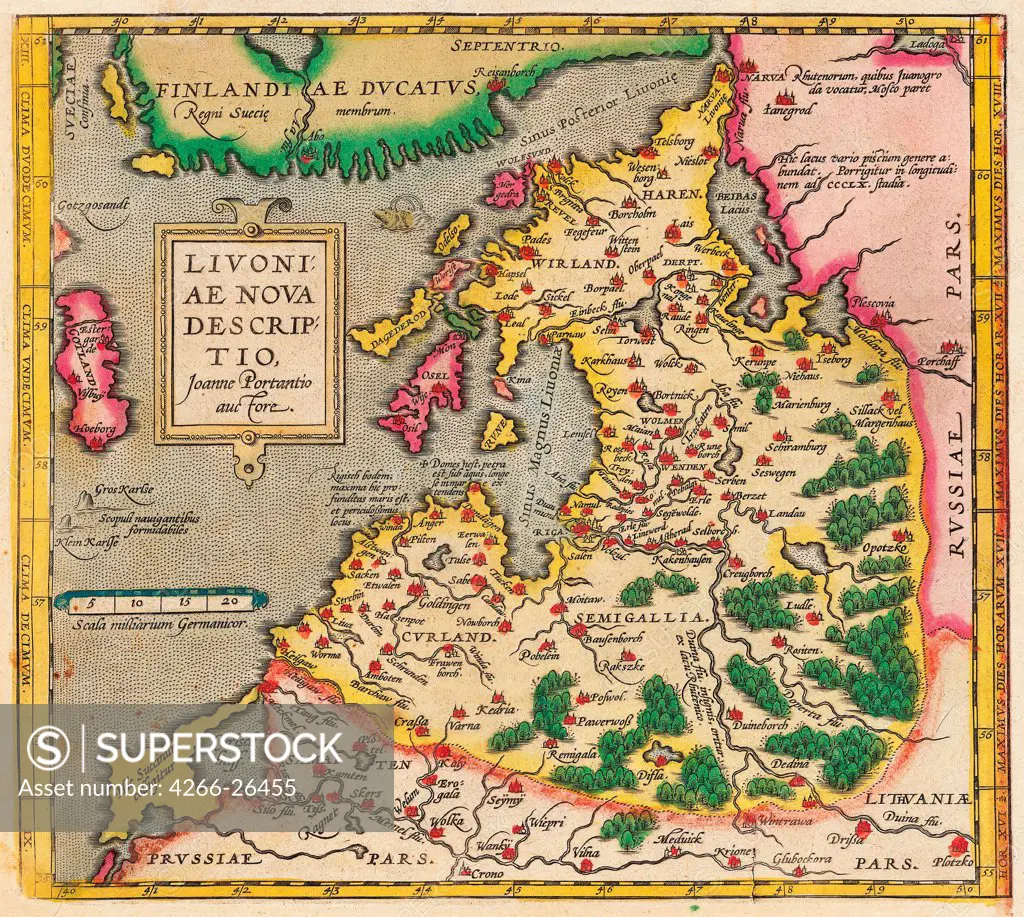 Livonia Map, Livoniae Nova Descriptio by Anonymous master    Private Collection  1573-1578  Germany  Woodcut, watercolour  Graphic arts  History