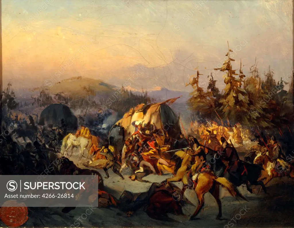 Russian Cossacks attack French troops in transit by Filippov, Konstantin Nikolayevich (1830-1878)  Private Collection  Russia  Oil on canvas  Painting  Genre,History