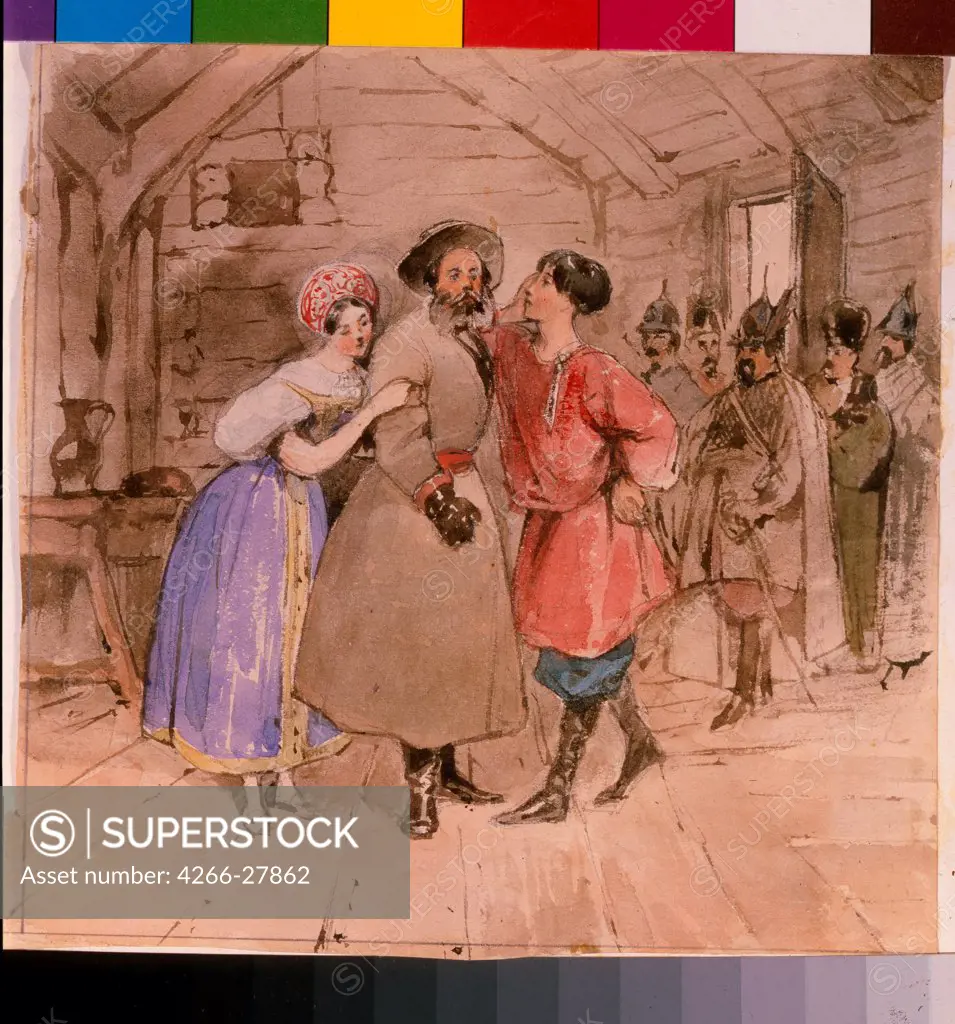 Scene from the opera 'A Life for the Tsar (Ivan Susanin)' by M. Glinka by Gagarin, Grigori Grigorievich (1810-1893) / State Museum of Theatre and Music Art, St. Petersburg / Theatrical scenic painting / End 1830s / Russia / Watercolour on paper / Opera,