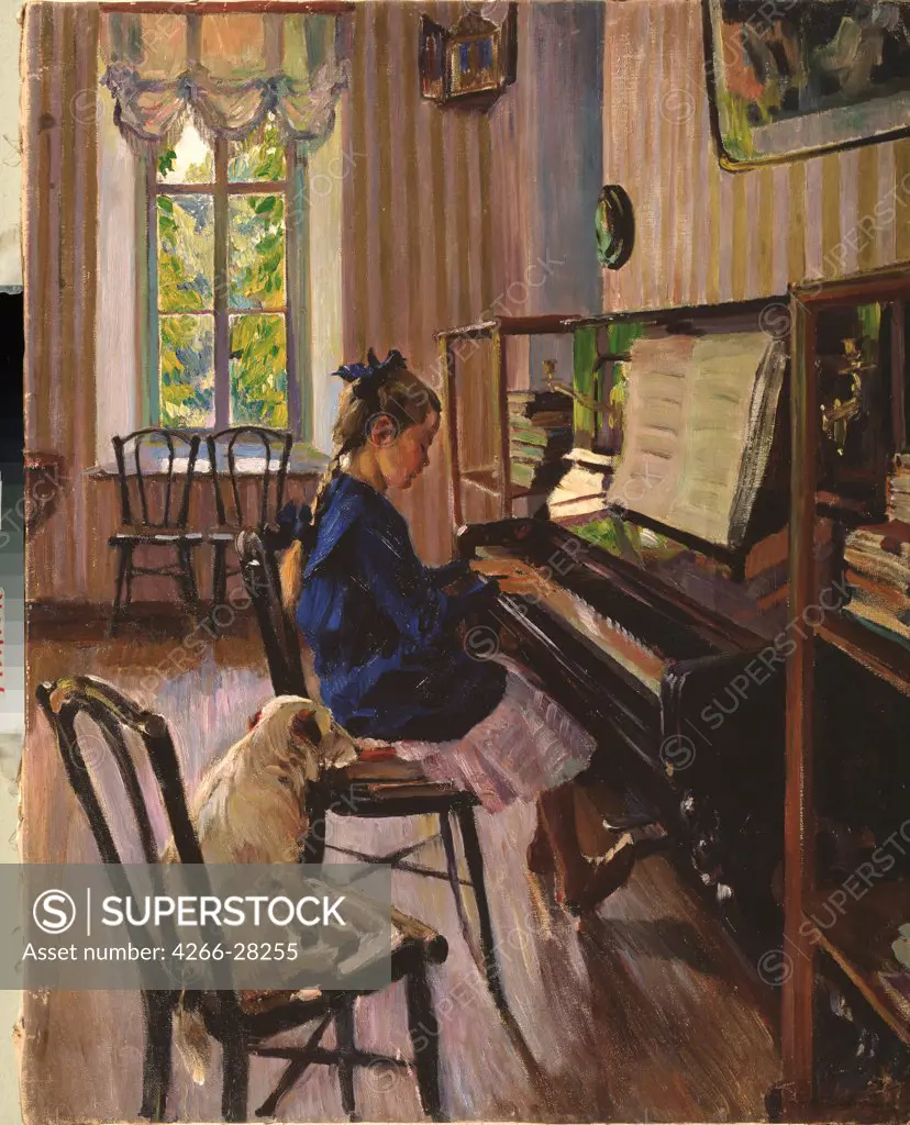 At the piano by Vinogradov, Sergei Arsenyevich (1869-1938) / National Art Museum of Belorussian Republik, Minsk / Russian Painting, End of 19th - Early 20th cen. / 1914 / Russia / Oil on canvas / Music, Dance,Genre / 89x70