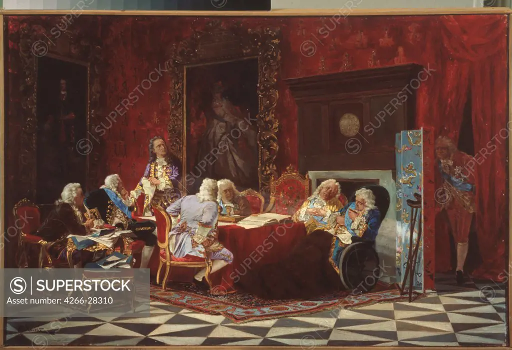 Artemy Volynsky at a Russian cabinet sitting by Jacobi, Valery Ivanovich (1834-1902) / Regional M. Vrubel Art Museum, Omsk / Russian Painting of 19th cen. / 1875 / Russia / Oil on canvas / Genre / 45x68