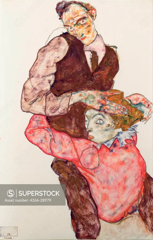 Lovers by Schiele, Egon (1890Ð1918) / Leopold Museum, Vienna / 1914-1915 / Austria / Black chalk, Gouache on Paper / Genre / 47,4x30,5