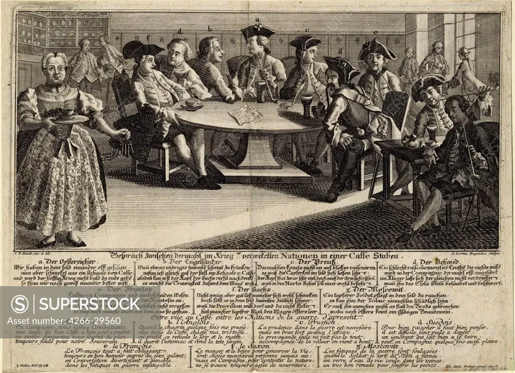 Conversation between 7 nations involved in the war in a cafe by Rugendas, Johann Lorenz, the Elder (1730-1799) / Private Collection / 1757 / Germany / Copper engraving / History / 22,4x30,8