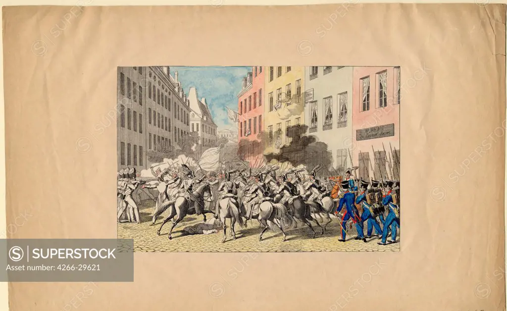 The July Revolution of 1830 by Anonymous   / Private Collection / 1830 / France / Etching, watercolour / History / 25,7x40,3