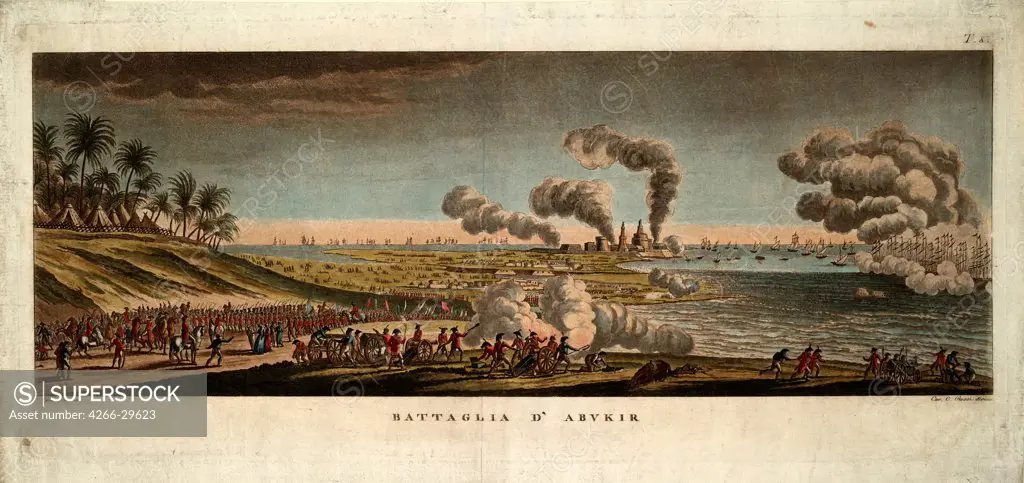 The Battle of Abukir on 25 July 1799 by Pera, Giuseppe (active 1799-1839) / Private Collection / 1799 / Italy / Copper engraving, watercolour / History / 23,4x48,6