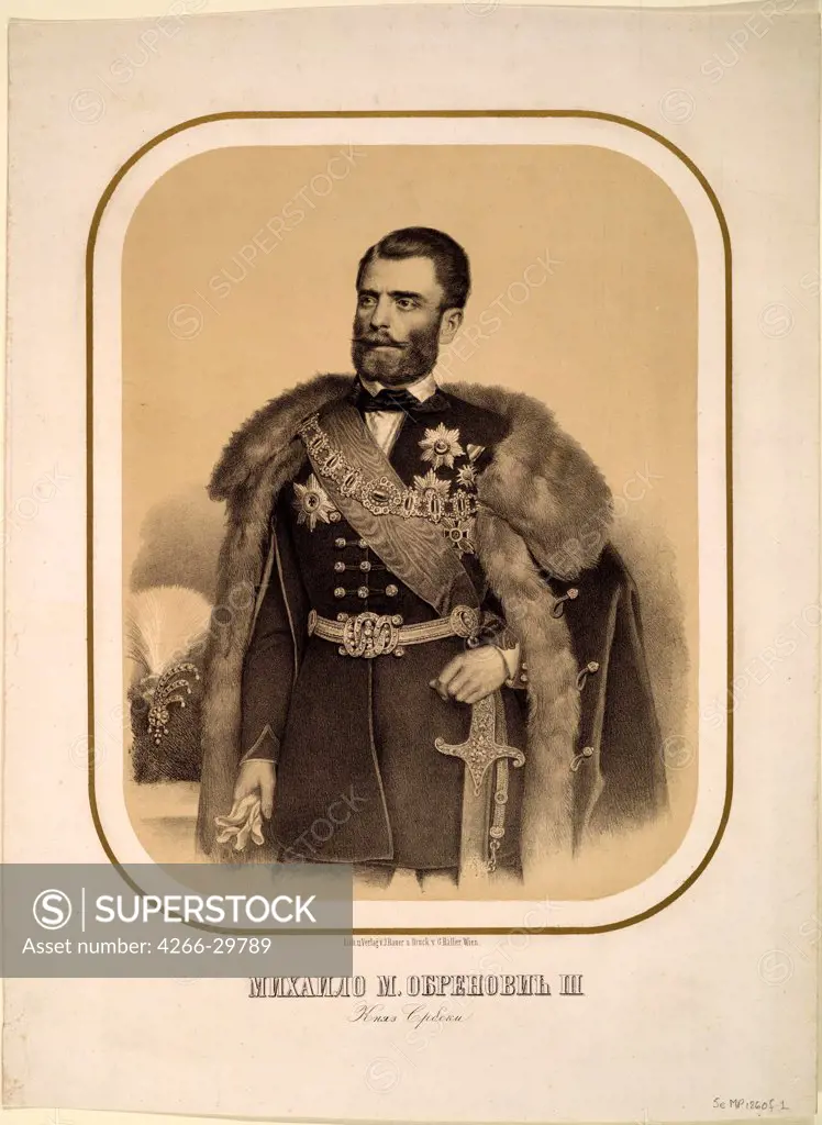 Mihailo Obrenovic III (1823-1868), Prince of Serbia by Anonymous   / Private Collection / ca 1860 / Serbia / Lithograph / Portrait / 48x35