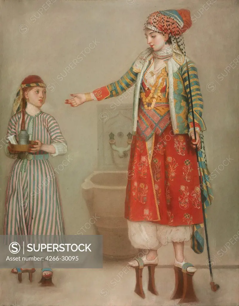 A lady in Turkish costume with her servant at the hammam by Liotard, Jean-Etienne (1702-1789) / Private Collection / Mid of the 18th cen. / Schwitzerland / Pastel on canvas / Genre / 70,9x56