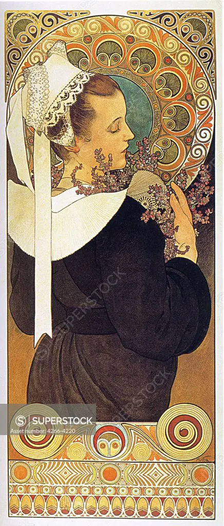 Young woman by Alfons Marie Mucha, Color lithograph, 1902, 1860-1939, Private Collection