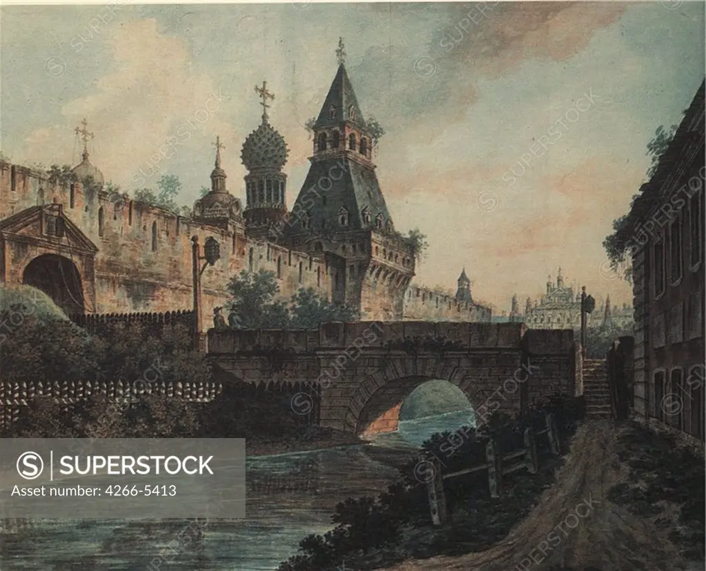 View on church in Moscow by Fyodor Yakovlevich Alexeyev, Watercolor on paper, 1800s, 1753-1824, Russia, Moscow, Museum of Moscow History and Reconstruction,