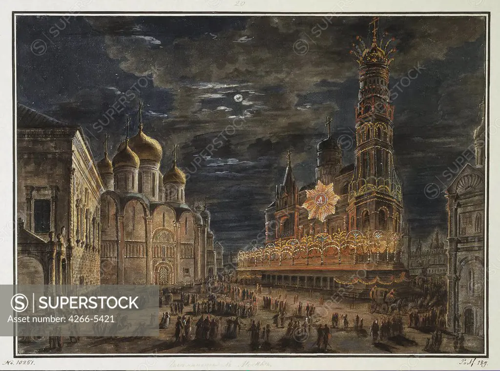 Kremlin by night by Fyodor Yakovlevich Alexeyev, Watercolor and ink on paper, 1801, Classicism, 1753-1824, Russia, St. Petersburg, State Hermitage, 36, 5x50, 6