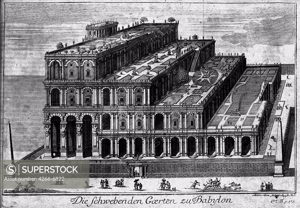 Hanging gardens of Semiramis by Anonymous artist, Etching, 1726, Private Collection