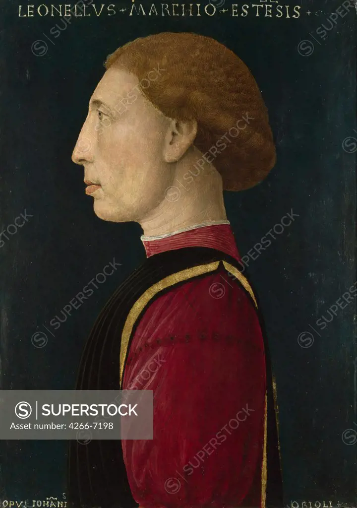 Portrait of Leonello d'Este by Giovanni da Oriolo, tempera on panel, circa 1447, active 1439-1474, School of Ferrara, England, London, National Gallery, 57,6x39,5