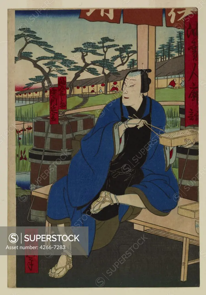 Man eating with chopsticks by Utagawa Yoshitaki, Color woodcut, 1860s, 1841-1899, Private Collection, 25x16