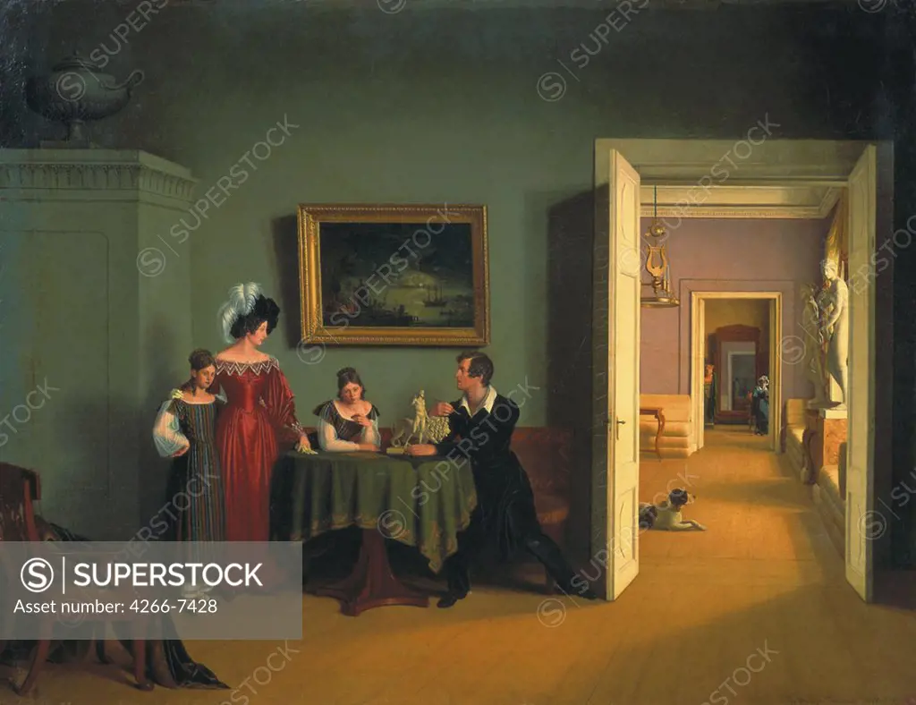 Family in living room by Fyodor Petrovich Tolstoy, oil on canvas, 1830, 1783-1873, Russia, St Petersburg, State Russian Museum, 89x117