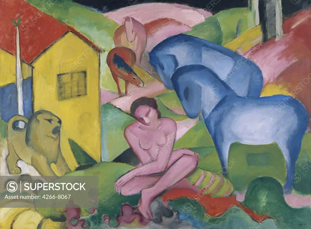 Naked woman among animals by Franz Marc, oil on canvas, 1912, 1880-1916, Spain, Madrid, Thyssen-Bornemisza Collections, 101x136