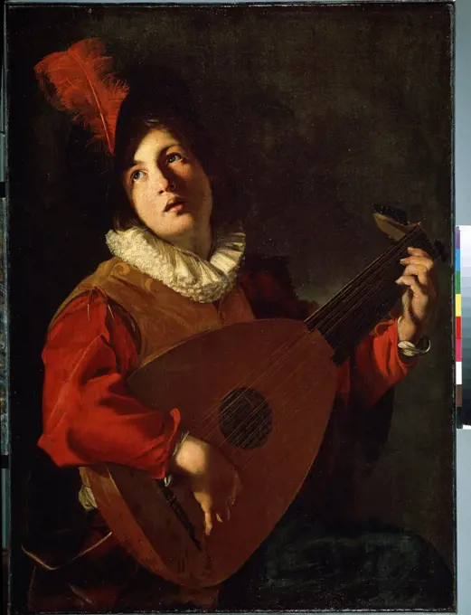 Lute player by Bartolomeo Manfredi, Oil on canvas, circa 1610, 1587-1622, Russia, St. Petersburg, State Hermitage, 105x77