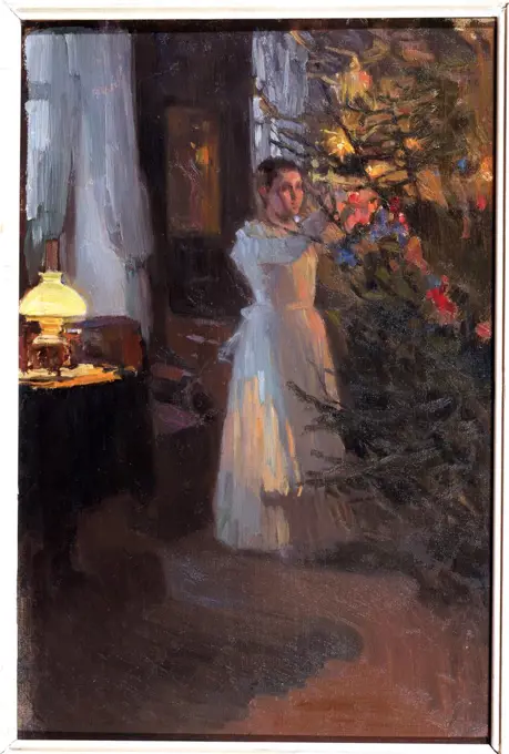 Woman decorating christmas tree by Alexei Mikhaylovich Korin, oil on canvas, 1910, 1865-1923, Russia, Siktivkar , National Art Gallery of Komi Republic, 44, 5x30