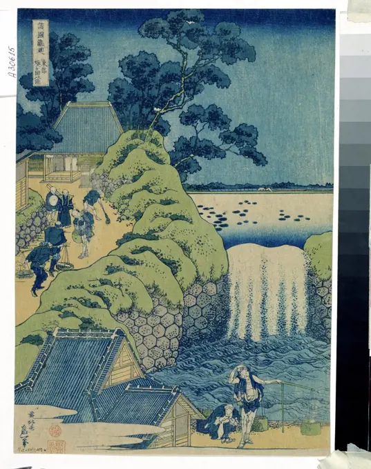 Landscape with waterfall by Katsushika Hokusai, colour woodcut, circa 1829, 1760-1849, Russia, Moscow, State Pushkin Museum of Fine Arts, 36x25, 5