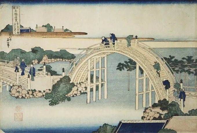 Bridge over river by Katsushika Hokusai, colour woodcut, 1827-1830, 1760-1849, Russia, St Petersburg, State Hermitage, 28x36