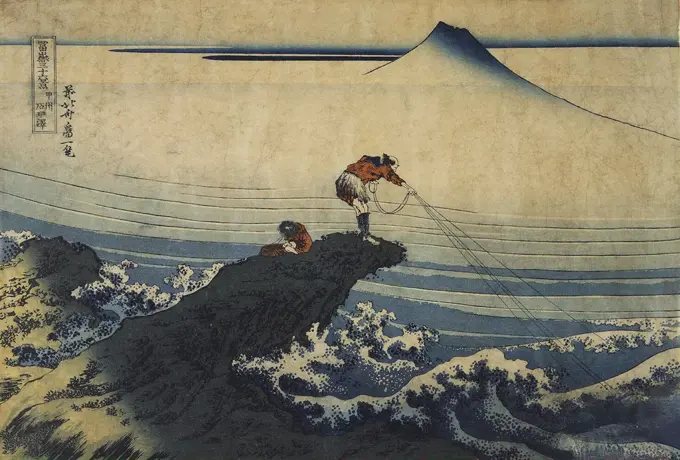 Fisherman on lake cliff by Katsushika Hokusai, colour woodcut, 1827-1830, 1760-1849, Russia, St Petersburg, State Hermitage, 26x38