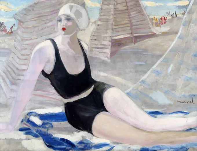 Bather in black swimming suit by Marval, Jacqueline (1866-1932) / Private Collection / ca 1923 / France / Oil on canvas / Genre / 98x123 / Modern