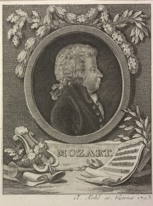 Wolfgang Amadeus Mozart by Kohl, Clemens (1754-1807)/ Private Collection/ 1793/ Austria/ Copper engraving/ Rococo/ Portrait