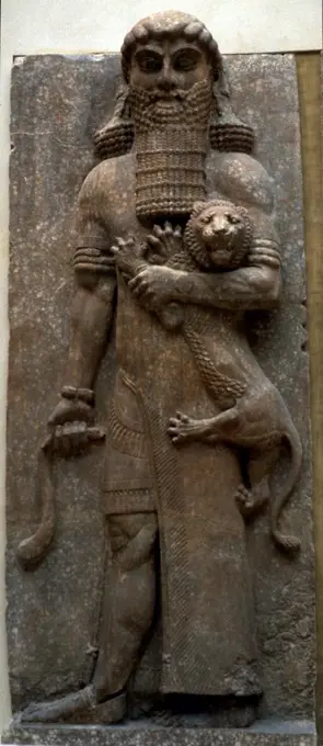 Hero Gilgamesh mastering a lion by Assyrian Art  / Louvre, Paris/ 722-705 BC/ Bas-relief/ The Oriental Arts/ Mythology, Allegory and Literature,Objects