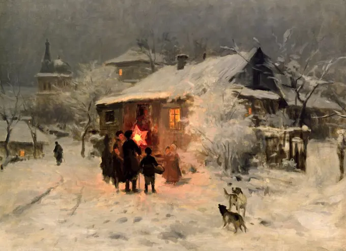 The Christmas carol in the Ukraine by Pimonenko, Nikolai Kornilovich (1862-1912)/ Regional Art Museum, Kherson/ Ukraine/ Oil on canvas/ Realism/ 27,2x 23,1/ Genre