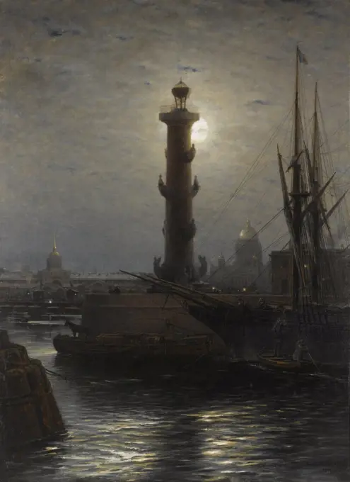 The Rostral Column near the Stock Exchange in St. Petersburg, Bogolyubov, Alexei Petrovich (1824-1896)