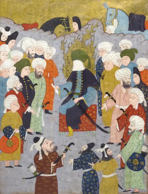 Imam Ali (Ali ibn Abi Talib) and his Council. Miniature from "The Garden of Pleasures" by Fazuli, Anonymous  