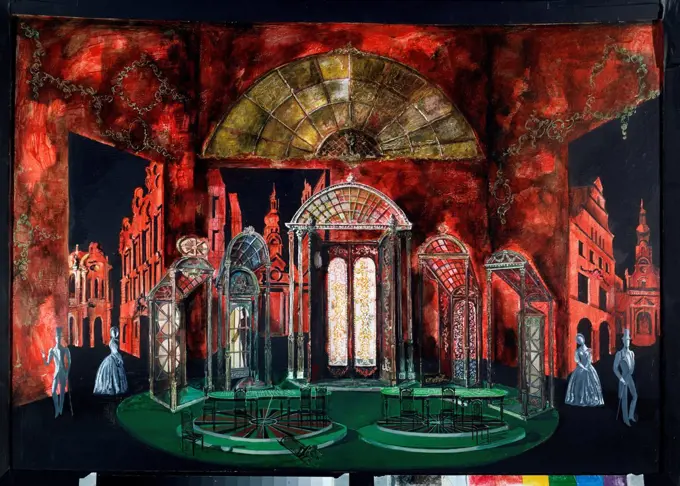 Stage design for the opera The Gambler by S. Prokofiev by Levental, Valeri Jakovlevich (*1938)/ State Central M. Glinka Museum of Music, Moscow/ 1973/ Russia/ Oil on canvas/ Theatrical scenic painting/ 70x100/ Opera, Ballet, Theatre