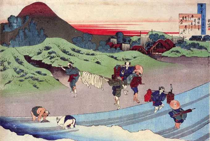 People crossing river by Katsushika Hokusai, color woodcut, circa 1830, 1760-1849, Russia, St. Petersburg, State Hermitage,