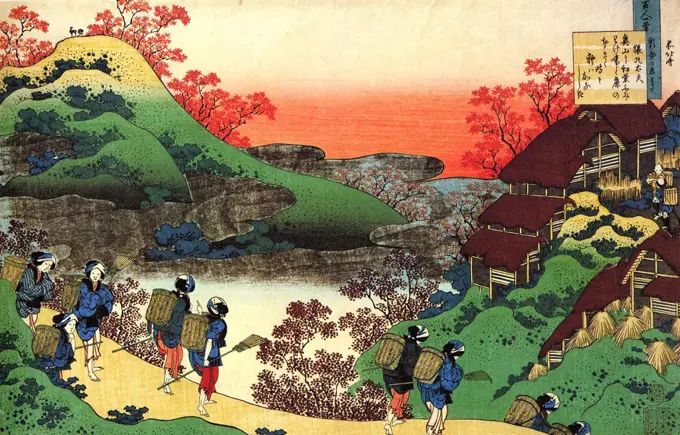 People walking down hill by Katsushika Hokusai, Color woodcut, circa 1830, 1760-1849, Russia, St. Petersburg, State Hermitage,