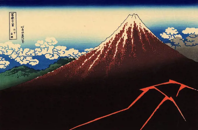 Mount Fuji by Katsushika Hokusai, color woodcut, 1830-1833, 1760-1849, Russia, Moscow, State A. Pushkin Museum of Fine Arts, 25x37