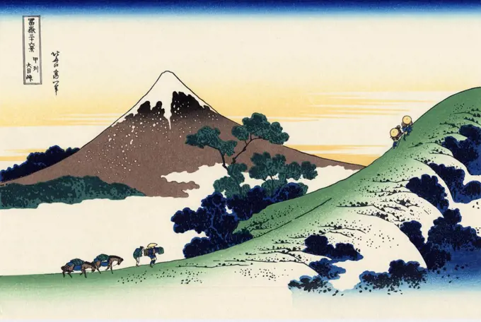 Mount Fuji by Katsushika Hokusai, color woodcut, 1830-1833, 1760-1849, Russia, Moscow, State A. Pushkin Museum of Fine Arts, 25x37