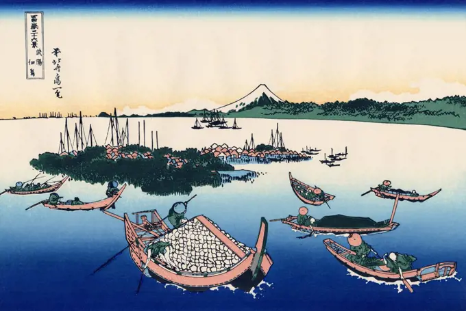 Boats on river by Katsushika Hokusai, color woodcut, 1830-1833, 1760-1849, Russia, Moscow, State A. Pushkin Museum of Fine Arts, 25x37