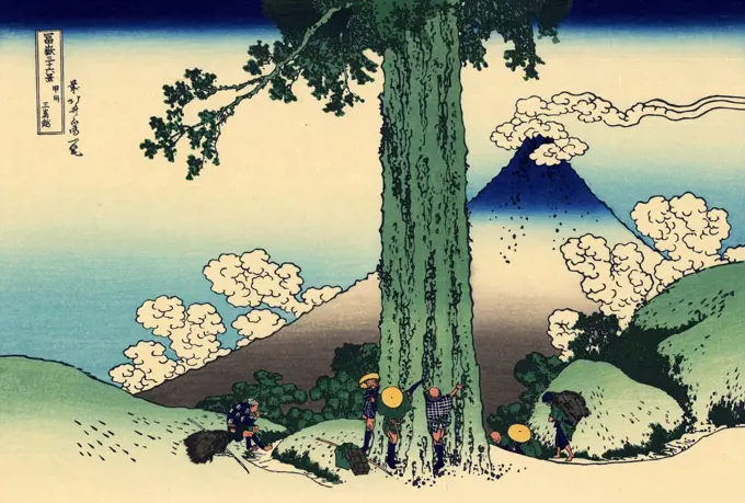 Men climbing on tree by Katsushika Hokusai, color woodcut, 1830-1833, 1760-1849, Russia, Moscow, State A. Pushkin Museum of Fine Arts, 25x37