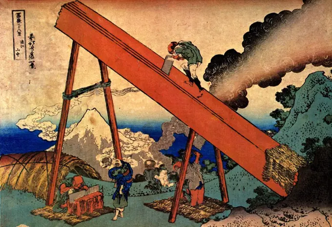 Working men by Katsushika Hokusai, color woodcut, 1830-1833, 1760-1849, Russia, Moscow, State A. Pushkin Museum of Fine Arts, 25x37