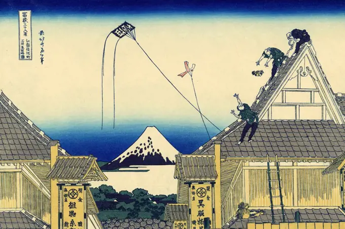 Working men with kite by Katsushika Hokusai, color woodcut, 1830-1833, 1760-1849, Russia, Moscow, State A. Pushkin Museum of Fine Arts, 25x37