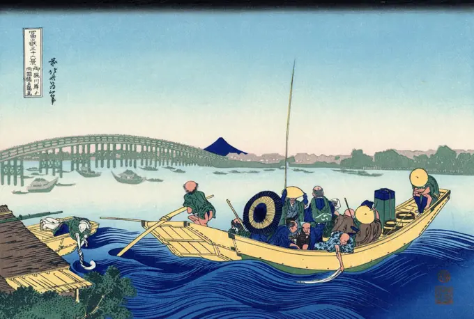 Men on boat by Katsushika Hokusai, color woodcut, 1830-1833, 1760-1849, Russia, Moscow, State A. Pushkin Museum of Fine Arts, 25x37