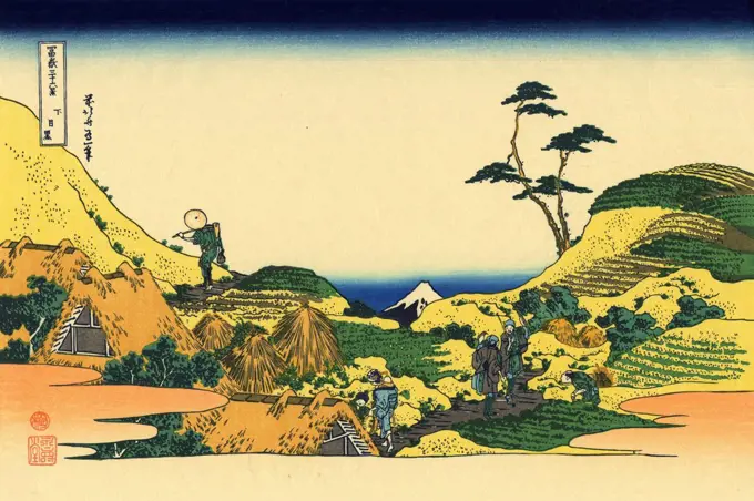 Landscape with Mount Fuji by Katsushika Hokusai, color woodcut, 1830-1833, 1760-1849, Russia, Moscow, State A. Pushkin Museum of Fine Arts, 25x37