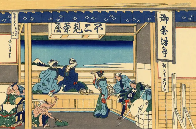 Court scene by Katsushika Hokusai, color woodcut, 1830-1833, 1760-1849, Russia, Moscow, State A. Pushkin Museum of Fine Arts, 25x37