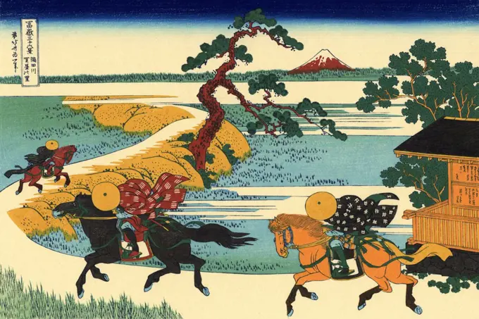 Warriors on horses by Katsushika Hokusai, color woodcut, 1830-1833, 1760-1849, Russia, Moscow, State A. Pushkin Museum of Fine Arts, 25x37