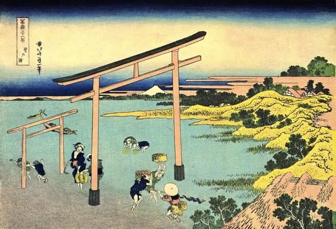 People bathing in lake by Katsushika Hokusai, color woodcut, 1830-1833, 1760-1849, Russia, Moscow, State A. Pushkin Museum of Fine Arts, 25x37