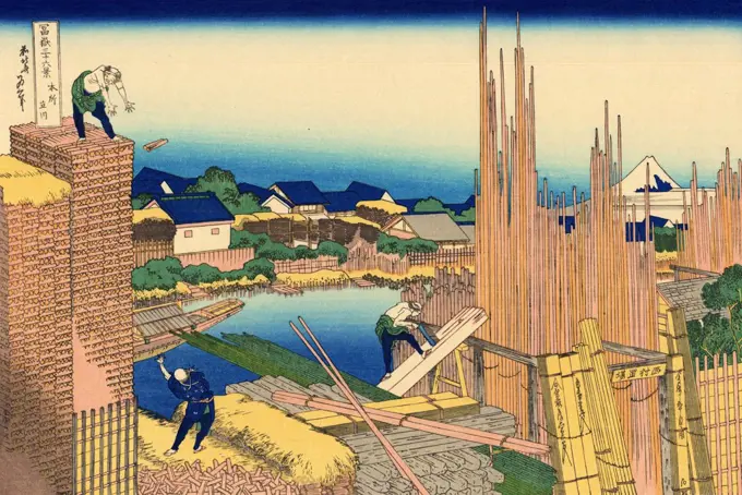 Workers building house by Katsushika Hokusai, color woodcut, 1830-1833, 1760-1849, Russia, Moscow, State A. Pushkin Museum of Fine Arts, 25x37