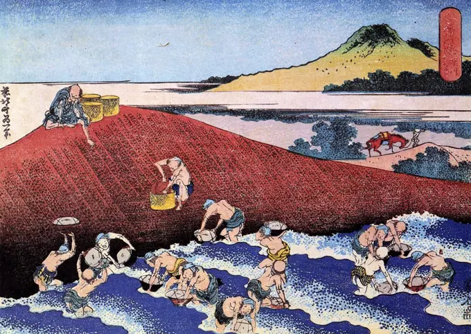 Workers by seaside by Katsushika Hokusai, color woodcut, 1830-1833, 1760-1849, Russia, Moscow, State A. Pushkin Museum of Fine Arts, 25x37